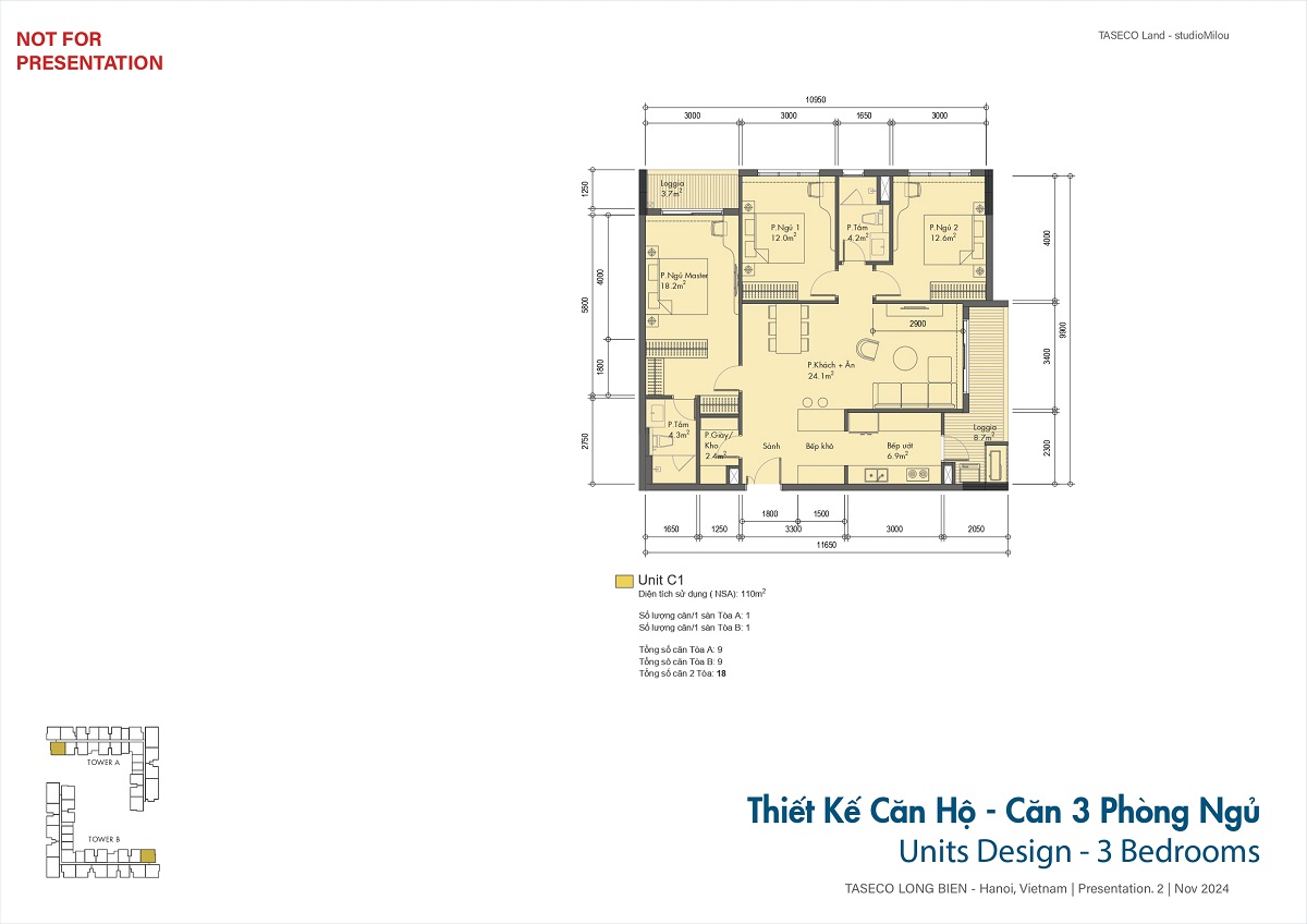 Mặt bằng căn 3 phòng ngủ Taseco Long Biên