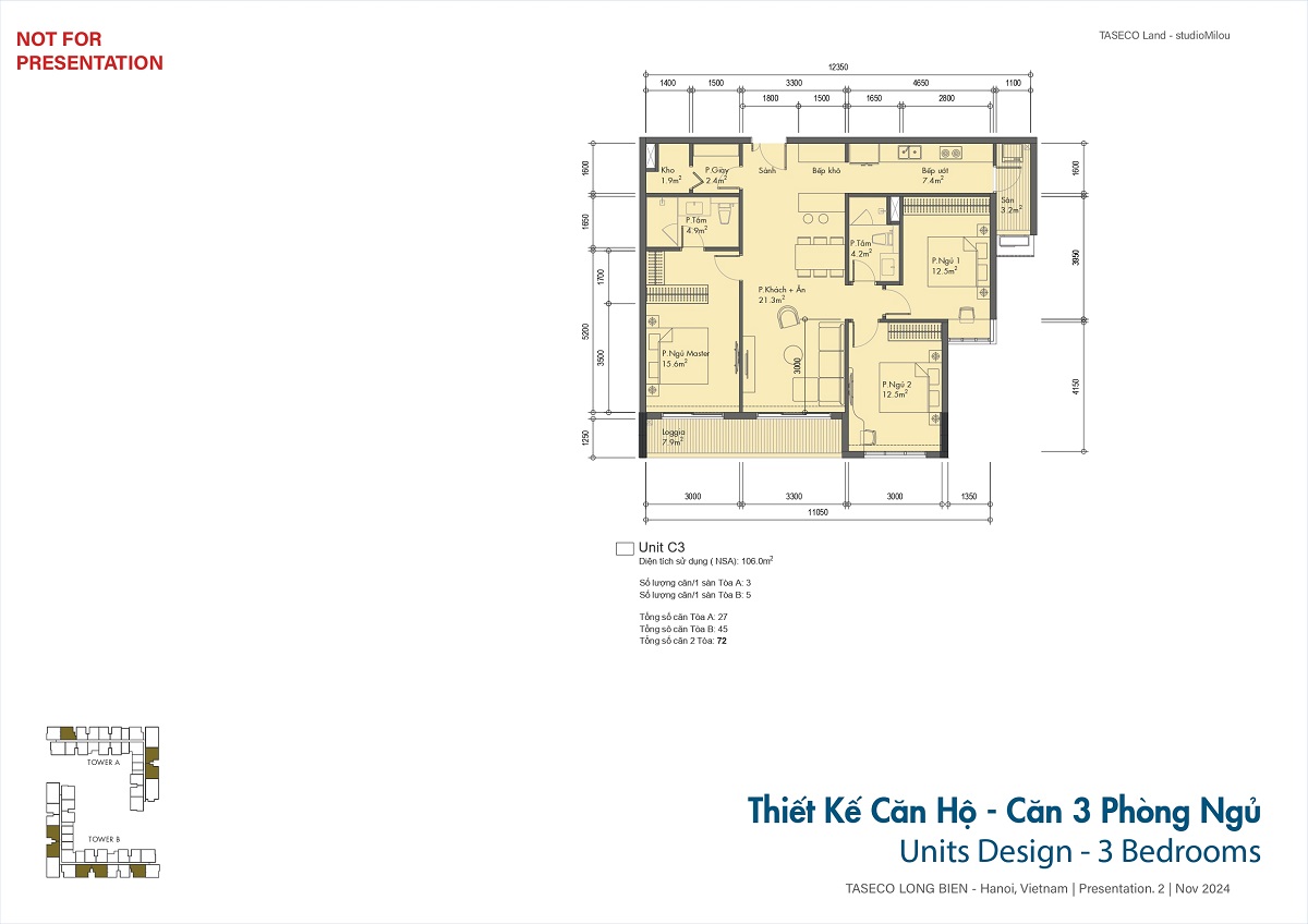 Mặt bằng căn 3 phòng ngủ chung cư Taseco Long Biên
